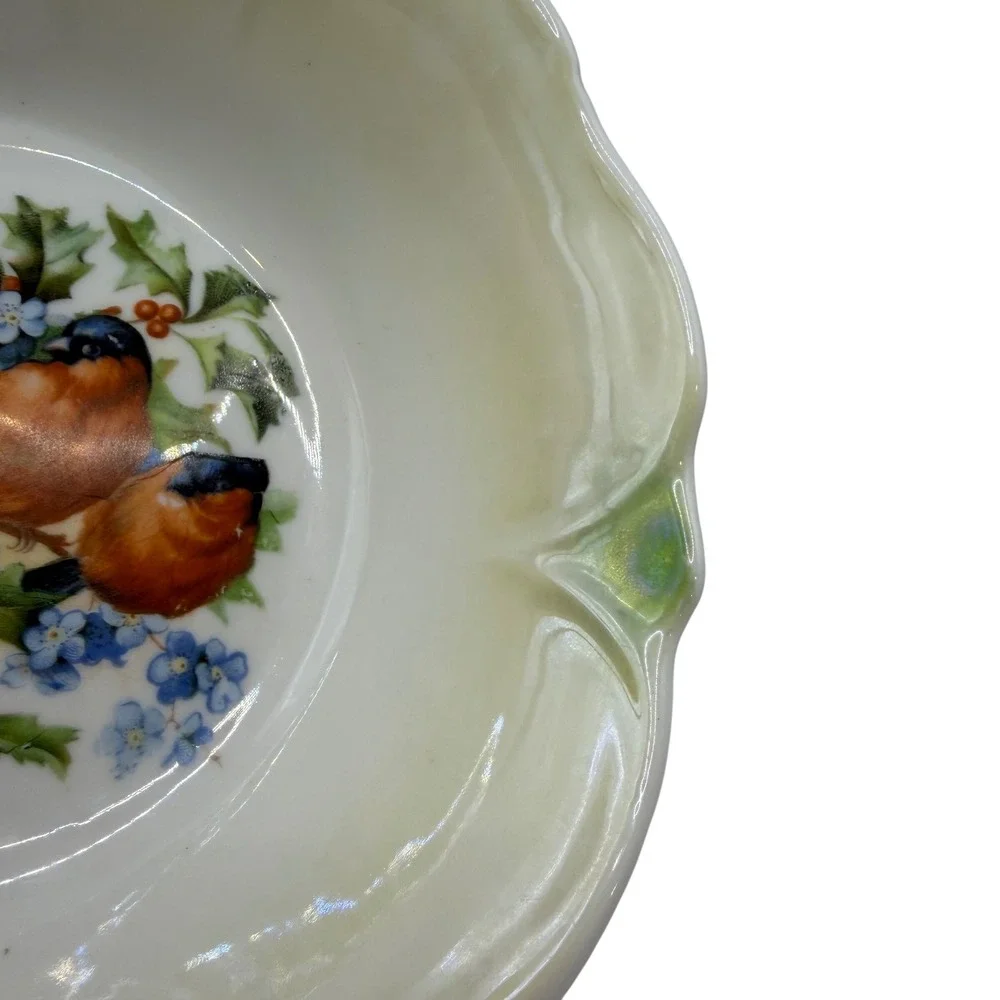 Vintage German Porcelain Bowl Bullfinch Birds Forget-Me-Nots Scalloped Rim‎ 8